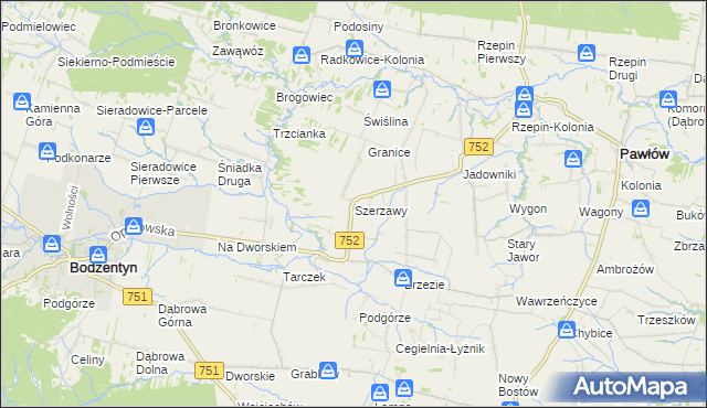 mapa Szerzawy gmina Pawłów, Szerzawy gmina Pawłów na mapie Targeo
