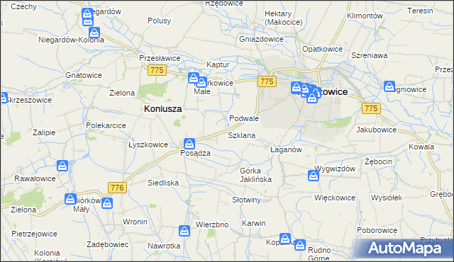 mapa Szklana gmina Proszowice, Szklana gmina Proszowice na mapie Targeo