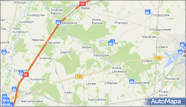 mapa Teodozjów gmina Biała Rawska, Teodozjów gmina Biała Rawska na mapie Targeo