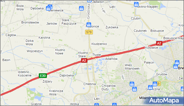 mapa Tłuste gmina Grodzisk Mazowiecki, Tłuste gmina Grodzisk Mazowiecki na mapie Targeo