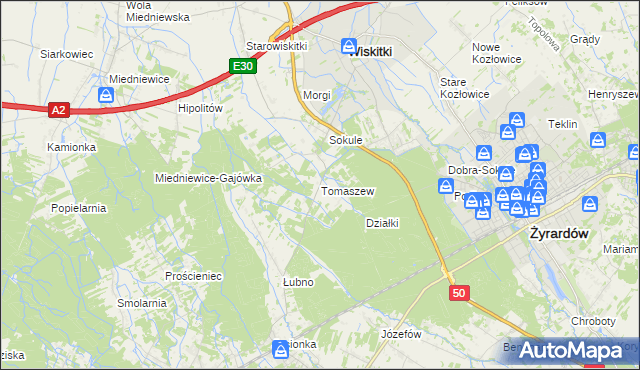 mapa Tomaszew gmina Wiskitki, Tomaszew gmina Wiskitki na mapie Targeo