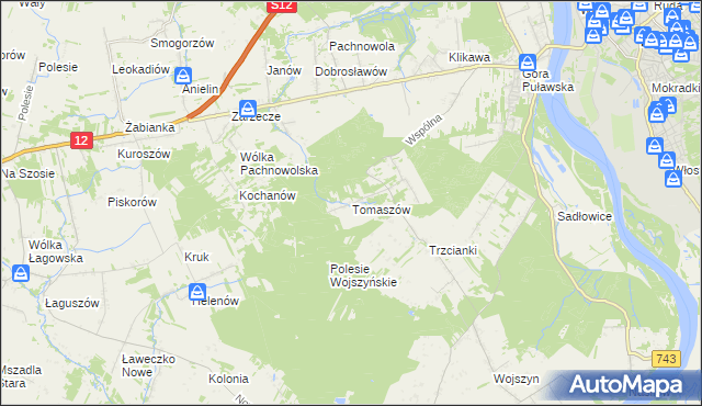 mapa Tomaszów gmina Puławy, Tomaszów gmina Puławy na mapie Targeo