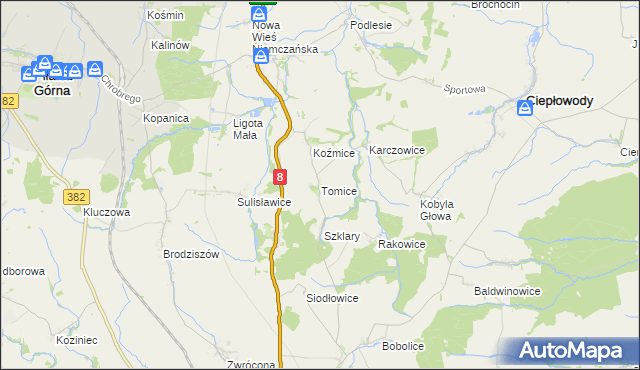 mapa Tomice gmina Ciepłowody, Tomice gmina Ciepłowody na mapie Targeo
