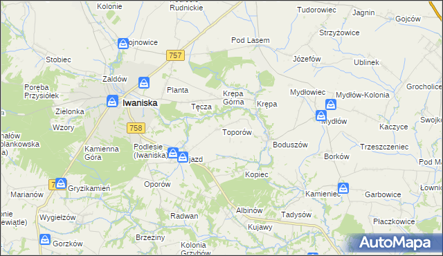 mapa Toporów gmina Iwaniska, Toporów gmina Iwaniska na mapie Targeo
