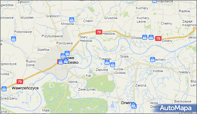 mapa Trawniki gmina Drwinia, Trawniki gmina Drwinia na mapie Targeo
