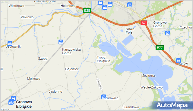 mapa Tropy Elbląskie, Tropy Elbląskie na mapie Targeo