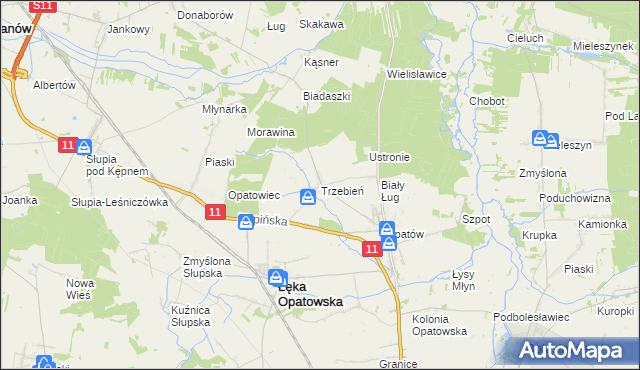 mapa Trzebień gmina Łęka Opatowska, Trzebień gmina Łęka Opatowska na mapie Targeo