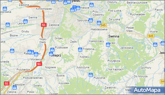 mapa Trzebinia gmina Świnna, Trzebinia gmina Świnna na mapie Targeo