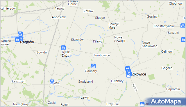 mapa Turobowice gmina Sadkowice, Turobowice gmina Sadkowice na mapie Targeo