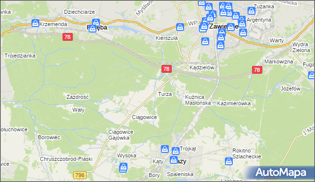 mapa Turza gmina Łazy, Turza gmina Łazy na mapie Targeo