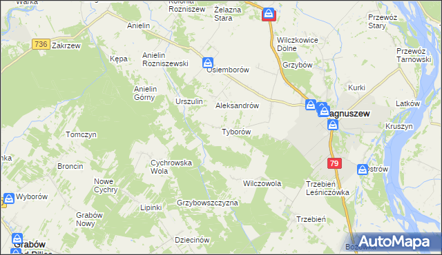 mapa Tyborów gmina Magnuszew, Tyborów gmina Magnuszew na mapie Targeo