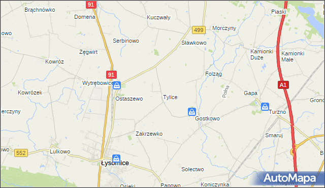 mapa Tylice gmina Łysomice, Tylice gmina Łysomice na mapie Targeo