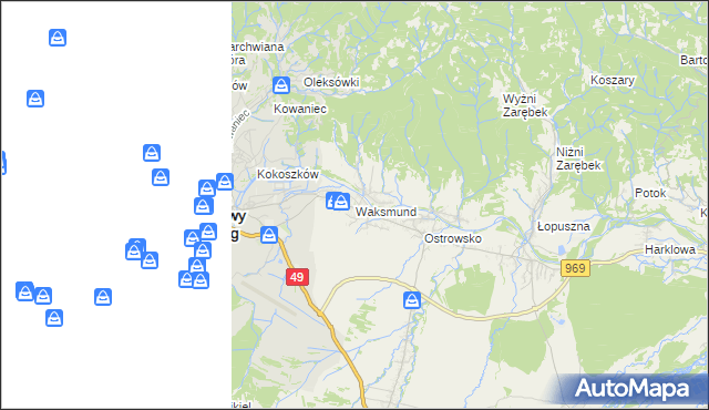 mapa Waksmund, Waksmund na mapie Targeo