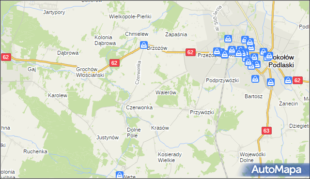 mapa Walerów gmina Sokołów Podlaski, Walerów gmina Sokołów Podlaski na mapie Targeo