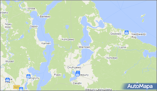 mapa Warnowo gmina Ruciane-Nida, Warnowo gmina Ruciane-Nida na mapie Targeo