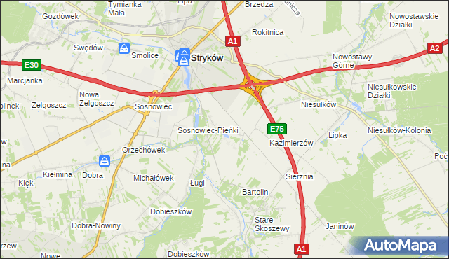 mapa Warszewice gmina Stryków, Warszewice gmina Stryków na mapie Targeo