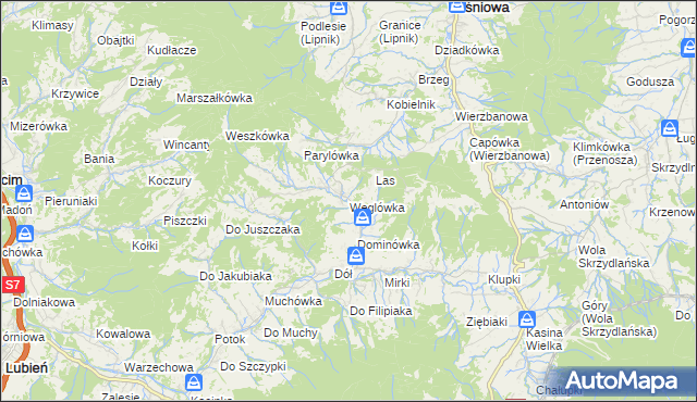 mapa Węglówka gmina Wiśniowa, Węglówka gmina Wiśniowa na mapie Targeo