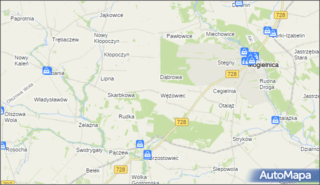 mapa Wężowiec gmina Mogielnica, Wężowiec gmina Mogielnica na mapie Targeo