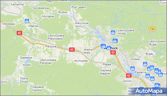 mapa Wielka Wieś gmina Wąchock, Wielka Wieś gmina Wąchock na mapie Targeo
