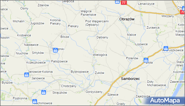 mapa Wielogóra gmina Samborzec, Wielogóra gmina Samborzec na mapie Targeo