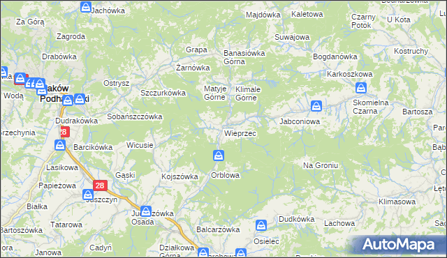 mapa Wieprzec gmina Maków Podhalański, Wieprzec gmina Maków Podhalański na mapie Targeo