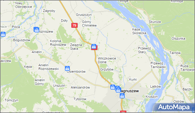 mapa Wilczkowice Dolne gmina Magnuszew, Wilczkowice Dolne gmina Magnuszew na mapie Targeo