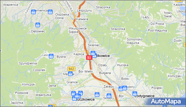 mapa Wilkowice powiat bielski, Wilkowice powiat bielski na mapie Targeo