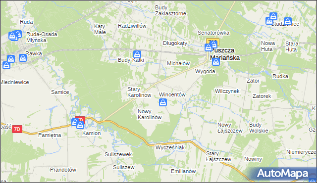 mapa Wincentów gmina Puszcza Mariańska, Wincentów gmina Puszcza Mariańska na mapie Targeo