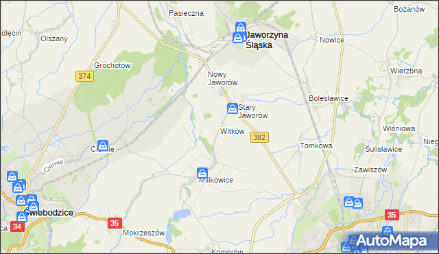 mapa Witków gmina Jaworzyna Śląska, Witków gmina Jaworzyna Śląska na mapie Targeo