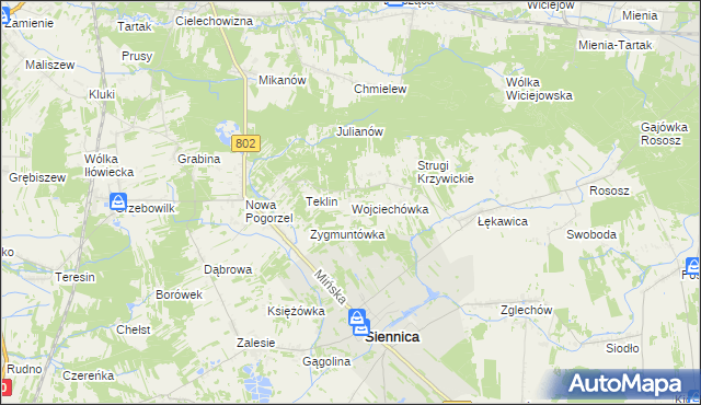 mapa Wojciechówka gmina Siennica, Wojciechówka gmina Siennica na mapie Targeo