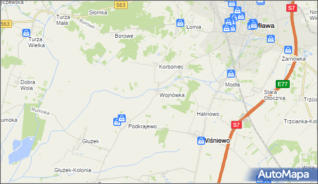 mapa Wojnówka gmina Wiśniewo, Wojnówka gmina Wiśniewo na mapie Targeo