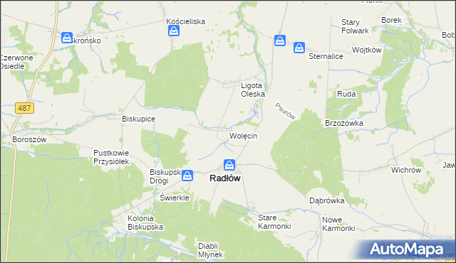 mapa Wolęcin gmina Radłów, Wolęcin gmina Radłów na mapie Targeo