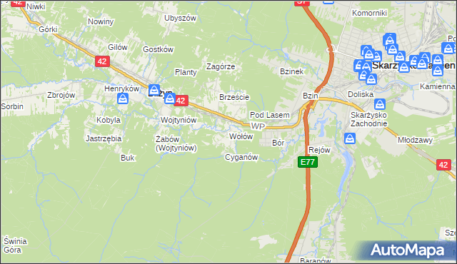 mapa Wołów gmina Bliżyn, Wołów gmina Bliżyn na mapie Targeo