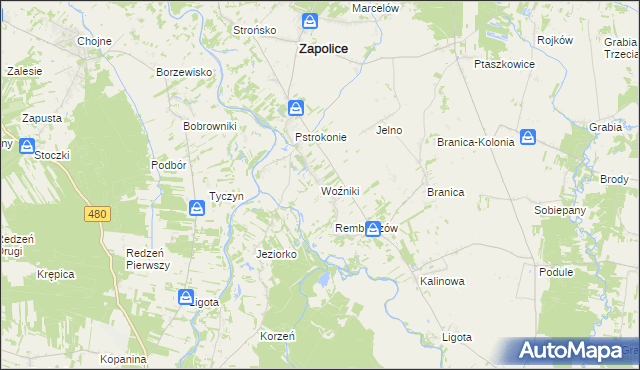 mapa Woźniki gmina Zapolice, Woźniki gmina Zapolice na mapie Targeo