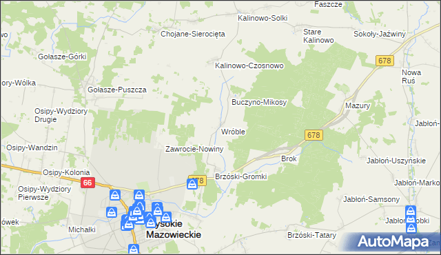 mapa Wróble gmina Wysokie Mazowieckie, Wróble gmina Wysokie Mazowieckie na mapie Targeo