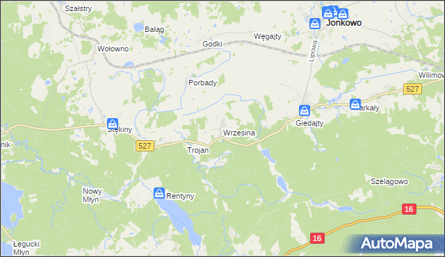 mapa Wrzesina gmina Jonkowo, Wrzesina gmina Jonkowo na mapie Targeo