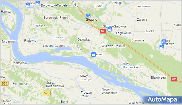 mapa Wykowo gmina Słupno, Wykowo gmina Słupno na mapie Targeo