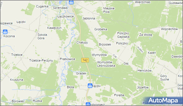 mapa Wymysłów gmina Przedbórz, Wymysłów gmina Przedbórz na mapie Targeo