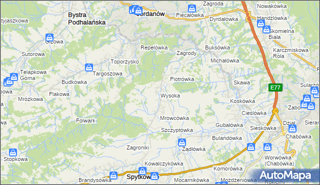 mapa Wysoka gmina Jordanów, Wysoka gmina Jordanów na mapie Targeo