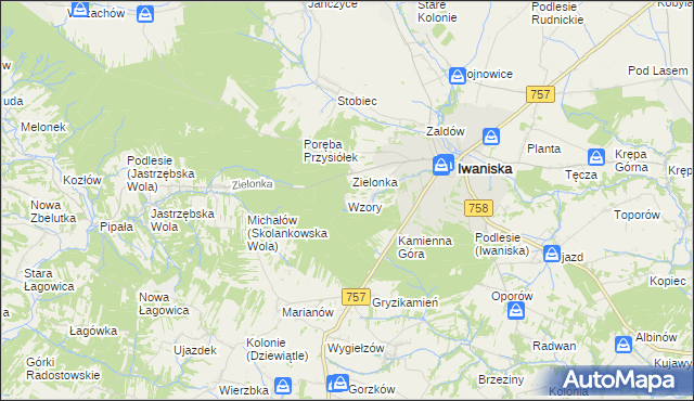 mapa Wzory gmina Iwaniska, Wzory gmina Iwaniska na mapie Targeo