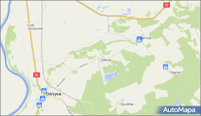 mapa Żabice gmina Górzyca, Żabice gmina Górzyca na mapie Targeo