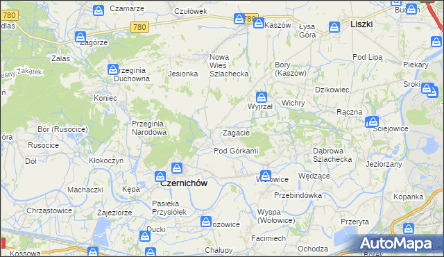 mapa Zagacie gmina Czernichów, Zagacie gmina Czernichów na mapie Targeo