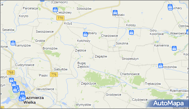 mapa Zagajów gmina Czarnocin, Zagajów gmina Czarnocin na mapie Targeo