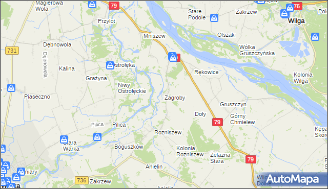 mapa Zagroby gmina Magnuszew, Zagroby gmina Magnuszew na mapie Targeo