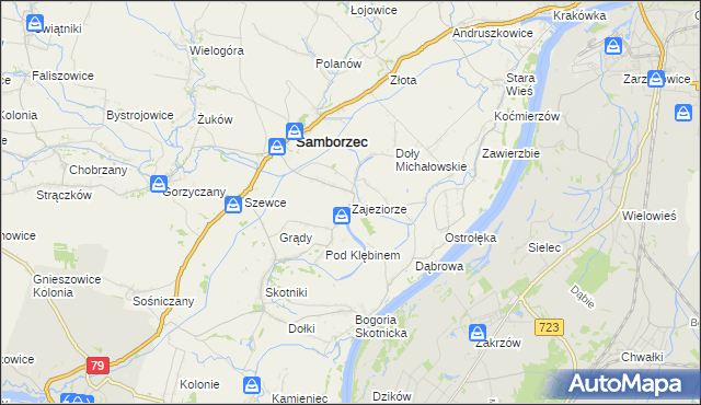 mapa Zajeziorze gmina Samborzec, Zajeziorze gmina Samborzec na mapie Targeo