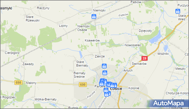 mapa Zakrze gmina Łosice, Zakrze gmina Łosice na mapie Targeo