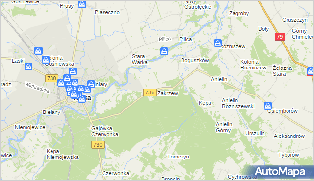 mapa Zakrzew gmina Grabów nad Pilicą, Zakrzew gmina Grabów nad Pilicą na mapie Targeo