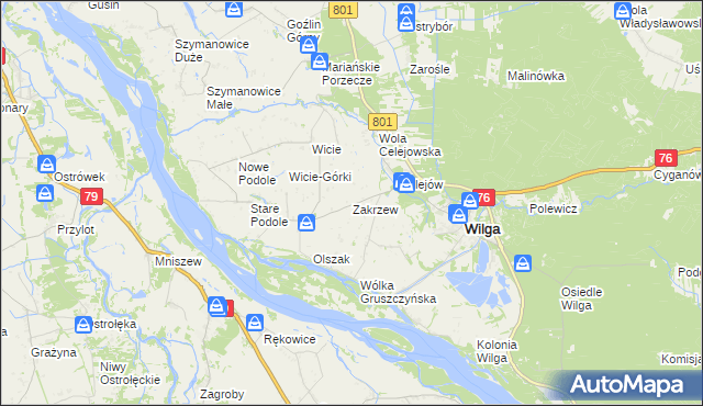 mapa Zakrzew gmina Wilga, Zakrzew gmina Wilga na mapie Targeo