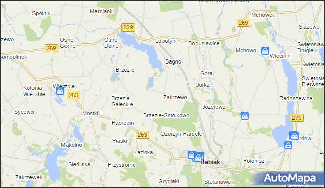 mapa Zakrzewo gmina Babiak, Zakrzewo gmina Babiak na mapie Targeo