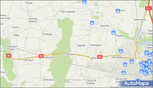 mapa Zalesie gmina Ostrów Wielkopolski, Zalesie gmina Ostrów Wielkopolski na mapie Targeo